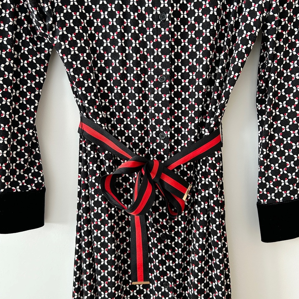 ESQUALO Black and White Patterned Long-Sleeve Dress with Red Belt - Picture 5 of 5